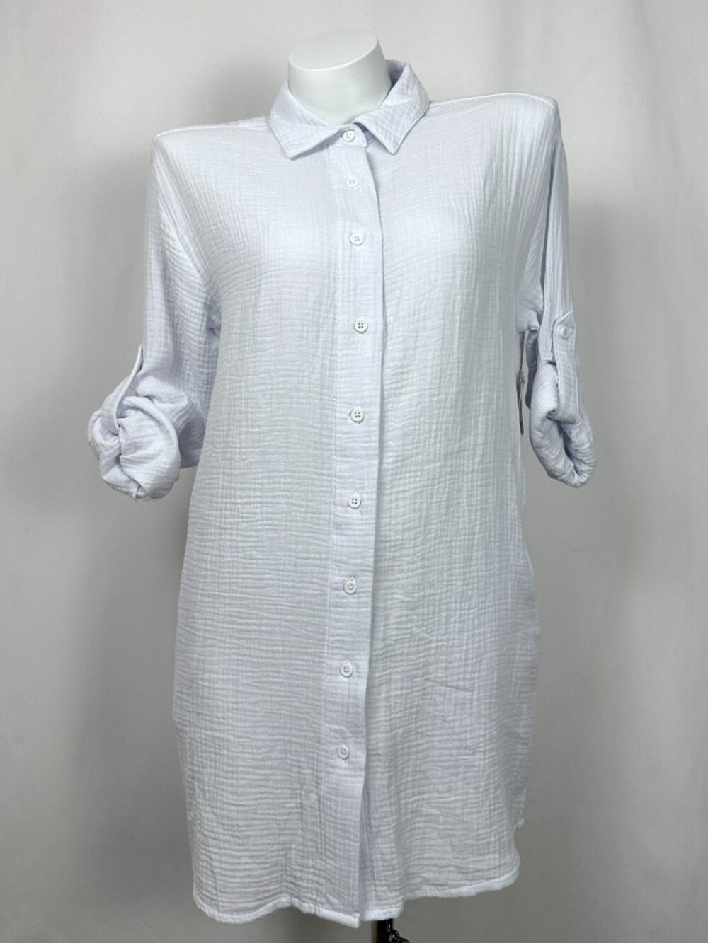George Womens S White Gauze Cotton Long Sleeve Button Down Shirt Tunic Dress